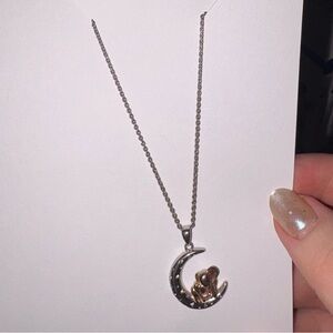 Silver Crescent Moon with Elephants Necklace